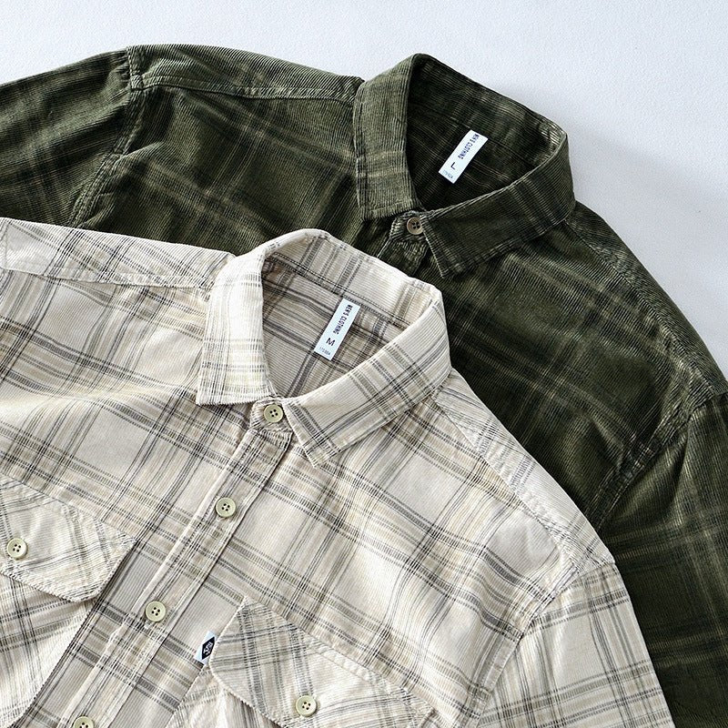 Men Corduroy Plaid Cotton Casual Long-sleeved Shirt - Muhaab