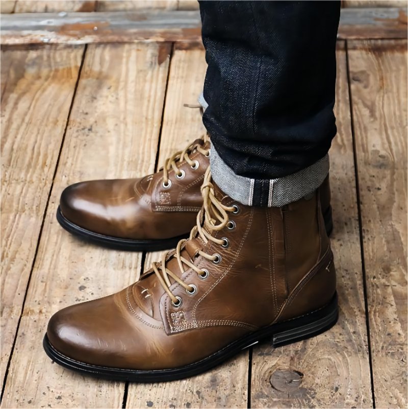 Men Cowboy Boots Retro Lace-up Martin Boot Round Toe Low Heel Shoes - Muhaab
