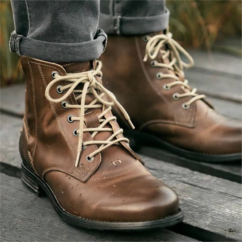 Men Cowboy Boots Retro Lace-up Martin Boot Round Toe Low Heel Shoes - Muhaab