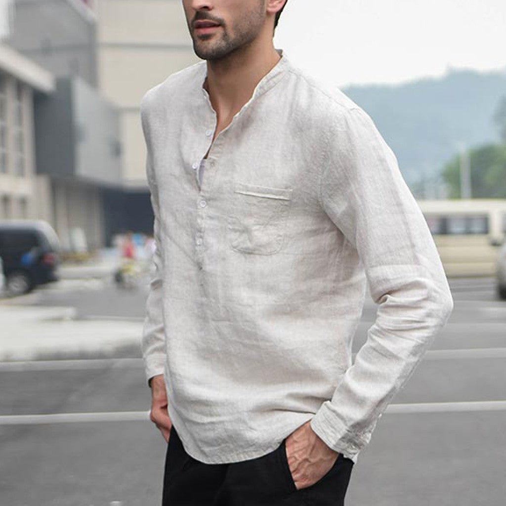 Men Vintage White Shirt Button Linen Shirts - Muhaab