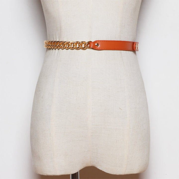 Metal Chain Stitching PU Leather Belt Female Wild Belt Decoration Dress Shirt Waist Chain - Muhaab