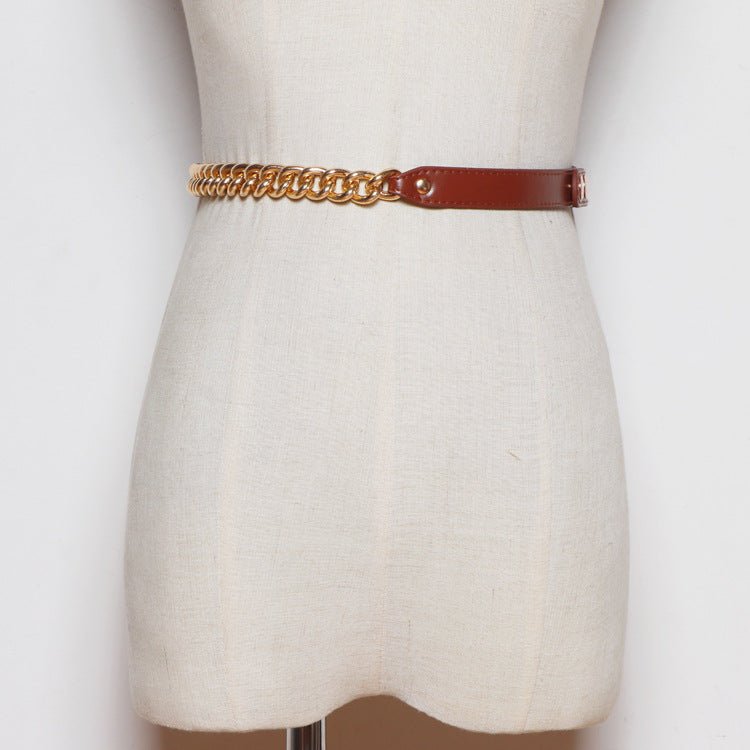 Metal Chain Stitching PU Leather Belt Female Wild Belt Decoration Dress Shirt Waist Chain - Muhaab