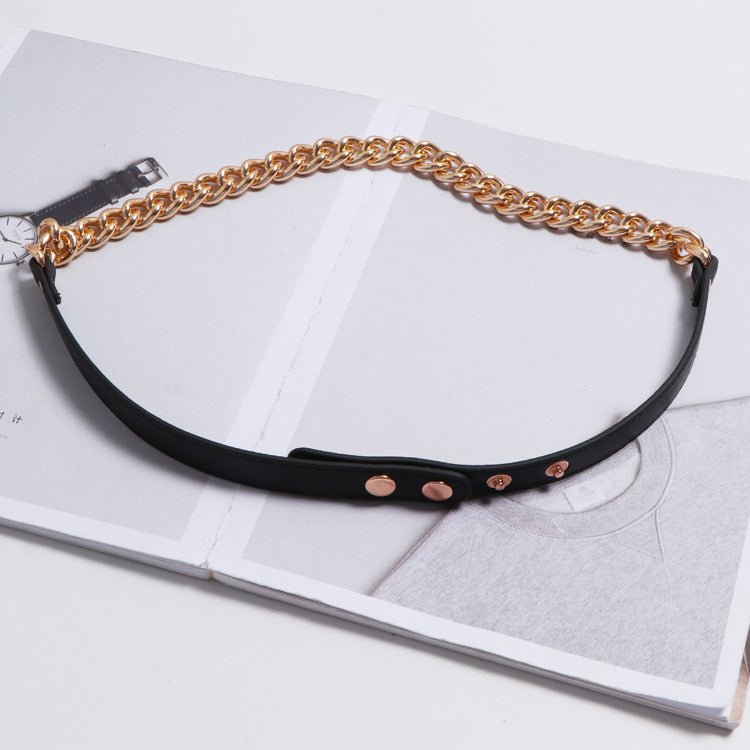 Metal Chain Stitching PU Leather Belt Female Wild Belt Decoration Dress Shirt Waist Chain - Muhaab
