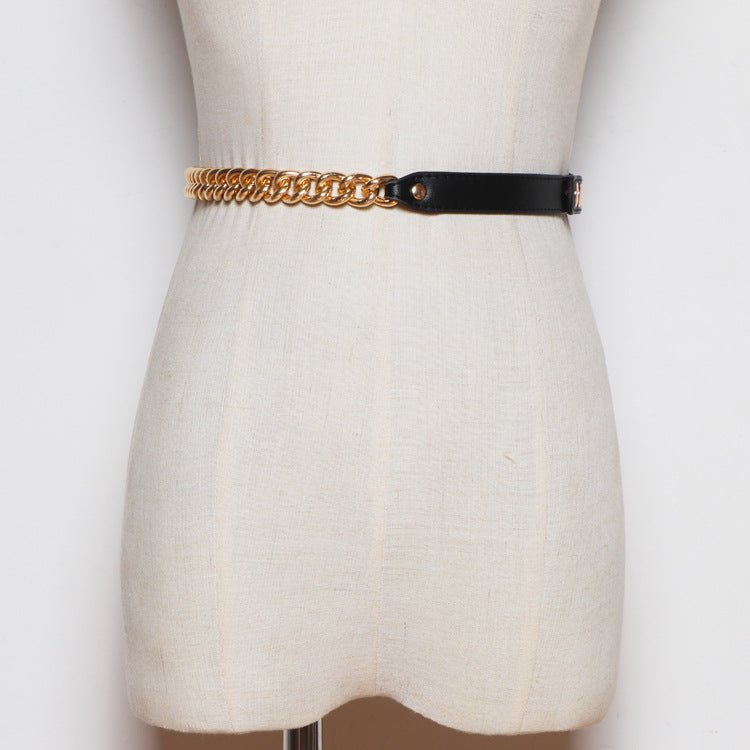 Metal Chain Stitching PU Leather Belt Female Wild Belt Decoration Dress Shirt Waist Chain - Muhaab