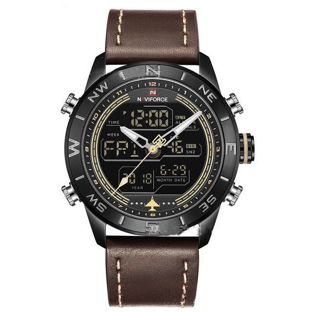 NAVIFORCE 9144 Fashion Gold Men Sport Watches Mens LED Analog Digital Watch Army Military Leather Quartz Watch Relogio Masculino - Muhaab