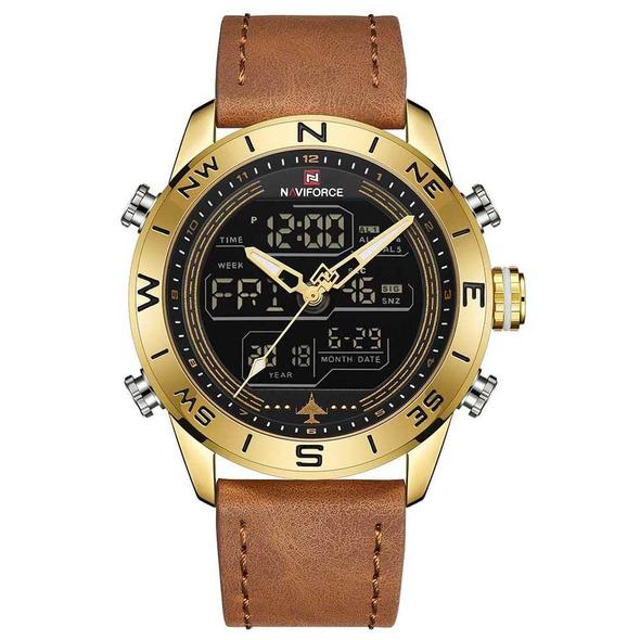 NAVIFORCE 9144 Fashion Gold Men Sport Watches Mens LED Analog Digital Watch Army Military Leather Quartz Watch Relogio Masculino - Muhaab