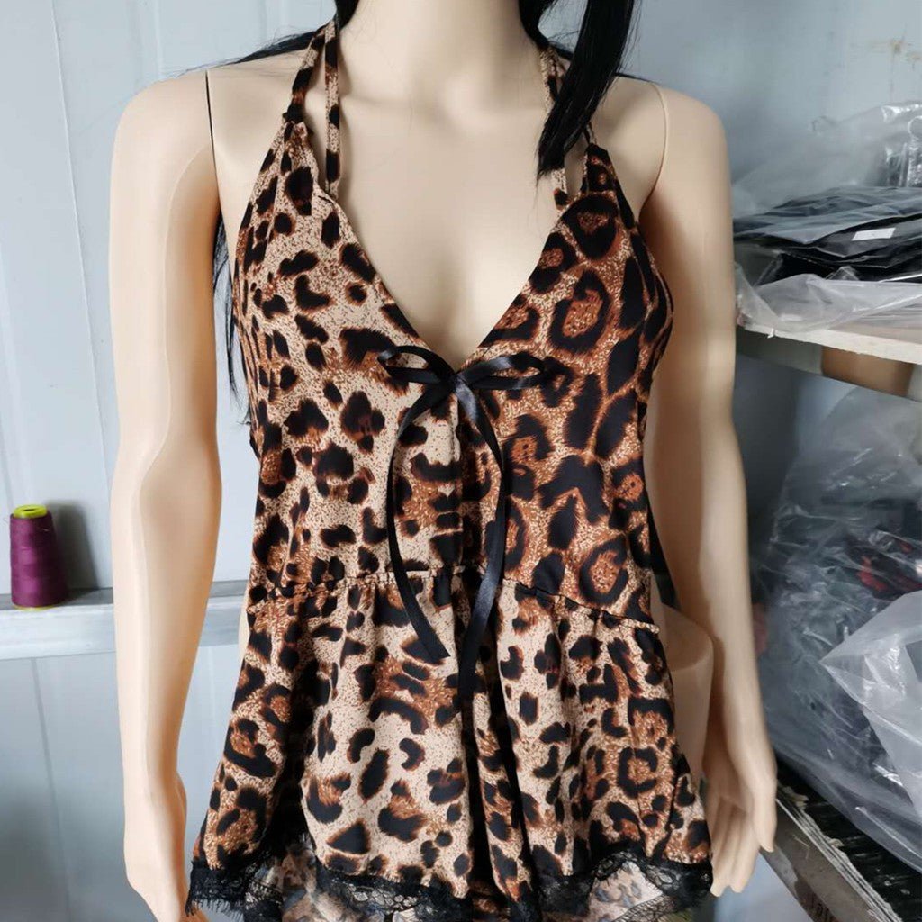 New Ladies Leopard Print Ribbon Sling Nightdress - Muhaab