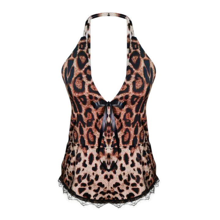 New Ladies Leopard Print Ribbon Sling Nightdress - Muhaab