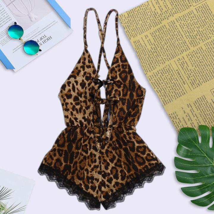 New Ladies Leopard Print Ribbon Sling Nightdress - Muhaab