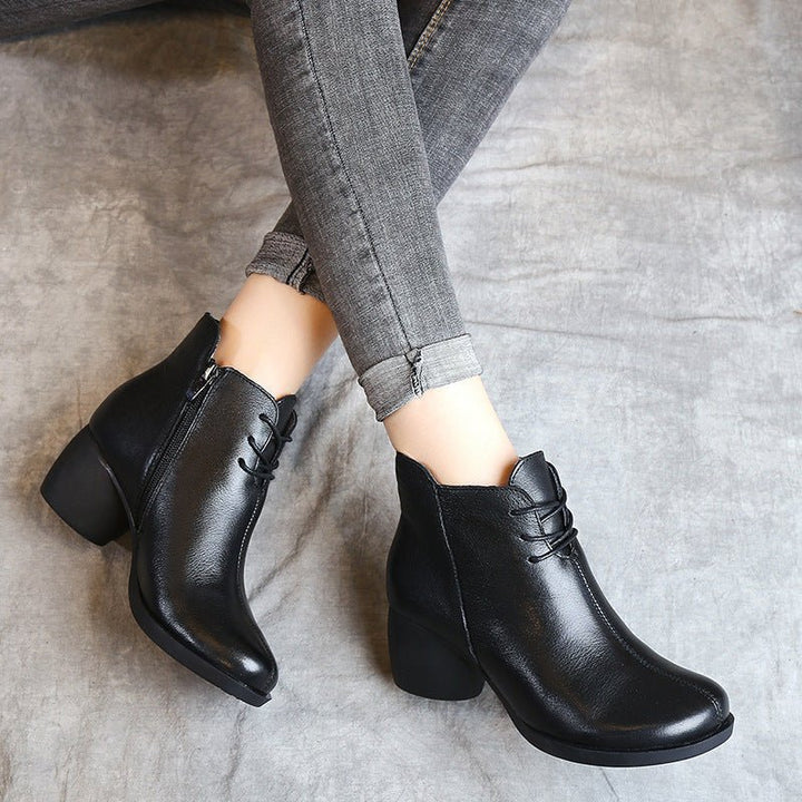 New Retro Leather Comfortable Thick Heel Women Boots High Heel Martin Boots Leather Boots Short Boots Women - Muhaab