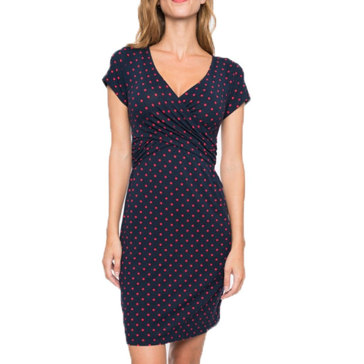 Nursing Clothes Polka Dot Print Short Sleeve V Neck Maternity Dress - Muhaab