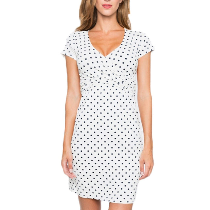 Nursing Clothes Polka Dot Print Short Sleeve V Neck Maternity Dress - Muhaab