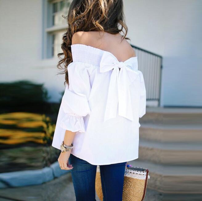 Off Shoulder Tops Spring Summer Strapless Women Blouse Bowknot Slash Neck Shirts Casual Loose Blusas Plus Size - Muhaab