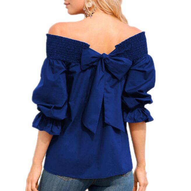 Off Shoulder Tops Spring Summer Strapless Women Blouse Bowknot Slash Neck Shirts Casual Loose Blusas Plus Size - Muhaab