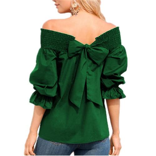 Off Shoulder Tops Spring Summer Strapless Women Blouse Bowknot Slash Neck Shirts Casual Loose Blusas Plus Size - Muhaab