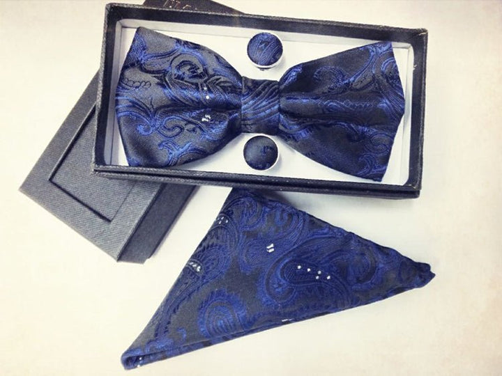 Paisley pattern bow tie dark blue black bow tie male British fashion cashew flower bow gift set - Muhaab