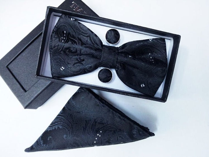 Paisley pattern bow tie dark blue black bow tie male British fashion cashew flower bow gift set - Muhaab