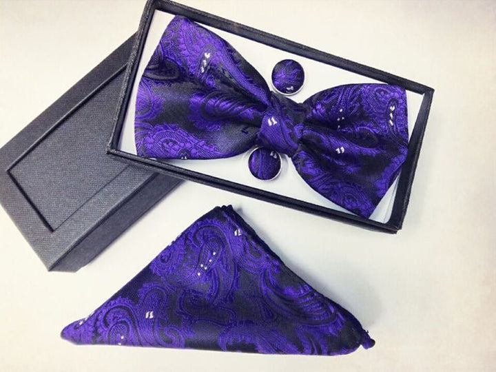 Paisley pattern bow tie dark blue black bow tie male British fashion cashew flower bow gift set - Muhaab