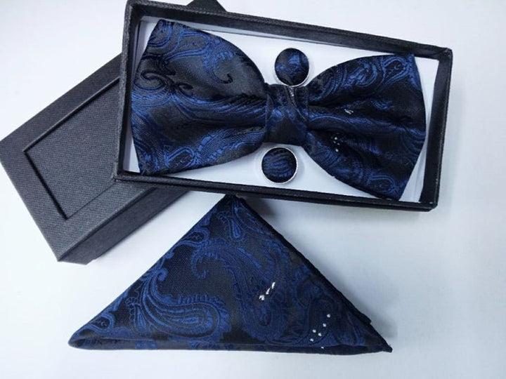 Paisley pattern bow tie dark blue black bow tie male British fashion cashew flower bow gift set - Muhaab