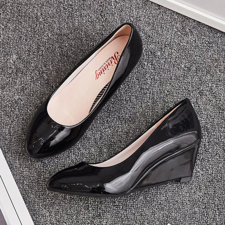 Patent Leather Pointed Toe Work Shoes Women Black Leather Shoes Work Shoes - Muhaab