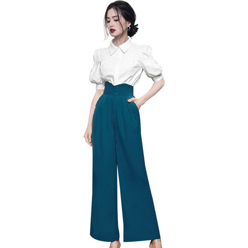 Puff Sleeve Shirt High Waist Wide Leg Pants Suit - Muhaab