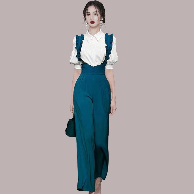 Puff Sleeve Shirt High Waist Wide Leg Pants Suit - Muhaab
