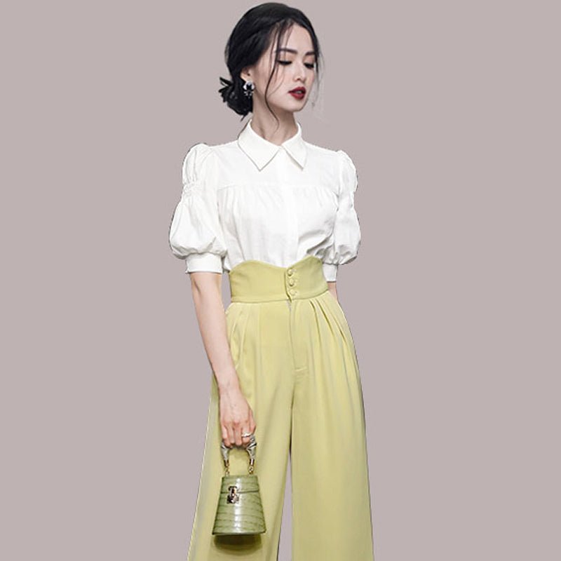 Puff Sleeve Shirt High Waist Wide Leg Pants Suit - Muhaab