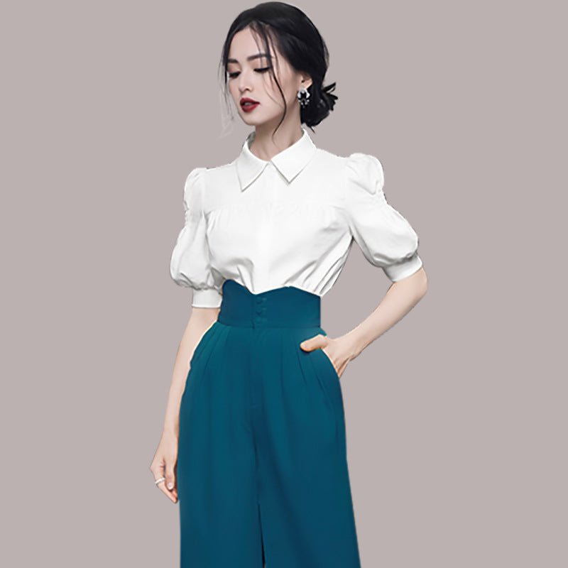 Puff Sleeve Shirt High Waist Wide Leg Pants Suit - Muhaab