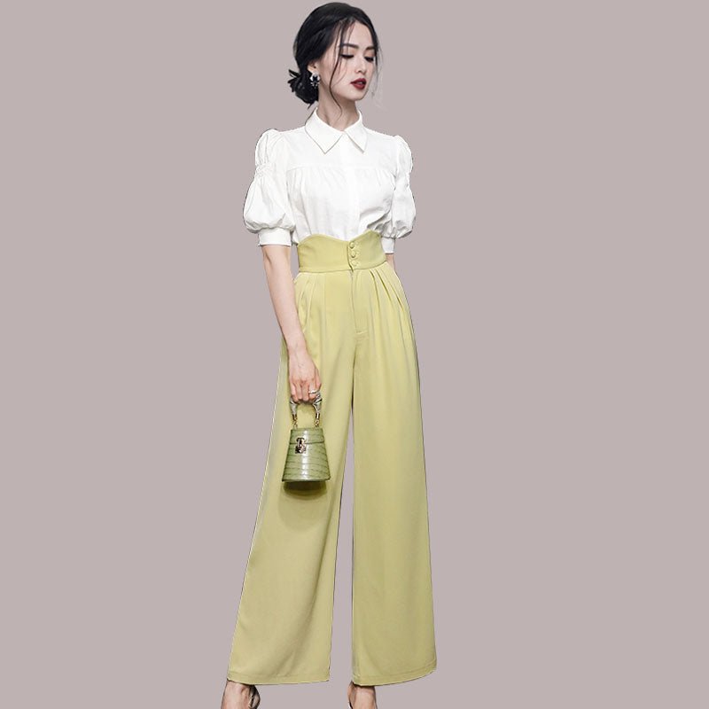 Puff Sleeve Shirt High Waist Wide Leg Pants Suit - Muhaab