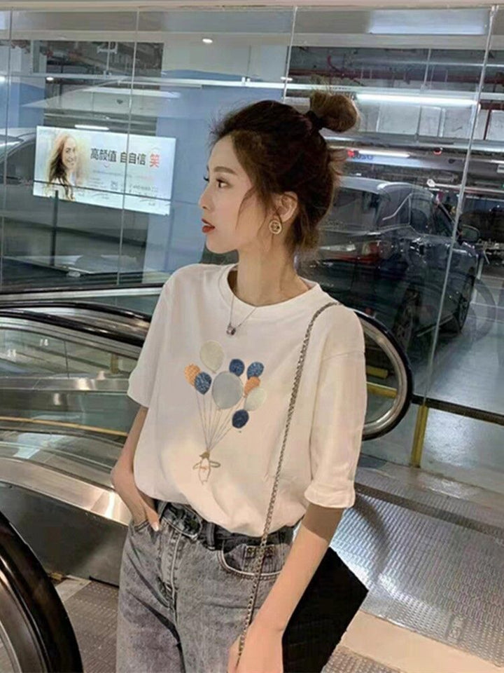 Pure Cotton White T-Shirt Women Short-Sleeved Loose Korean Embroidered Western Style Half-Sleeved T-Shirt - Muhaab