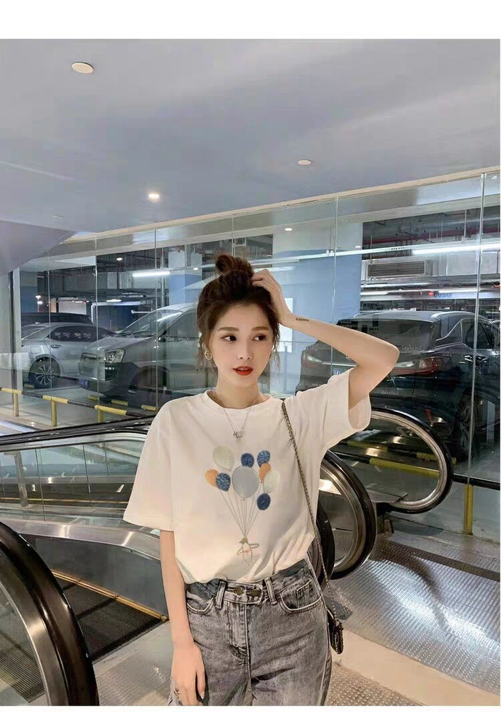 Pure Cotton White T-Shirt Women Short-Sleeved Loose Korean Embroidered Western Style Half-Sleeved T-Shirt - Muhaab