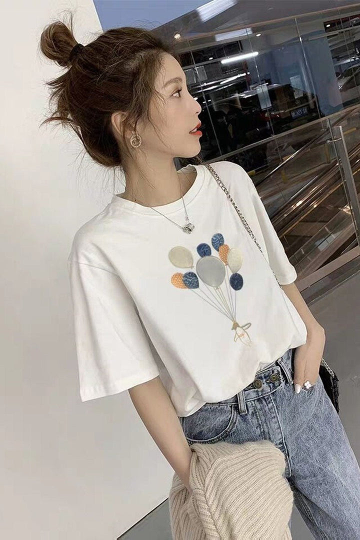 Pure Cotton White T-Shirt Women Short-Sleeved Loose Korean Embroidered Western Style Half-Sleeved T-Shirt - Muhaab