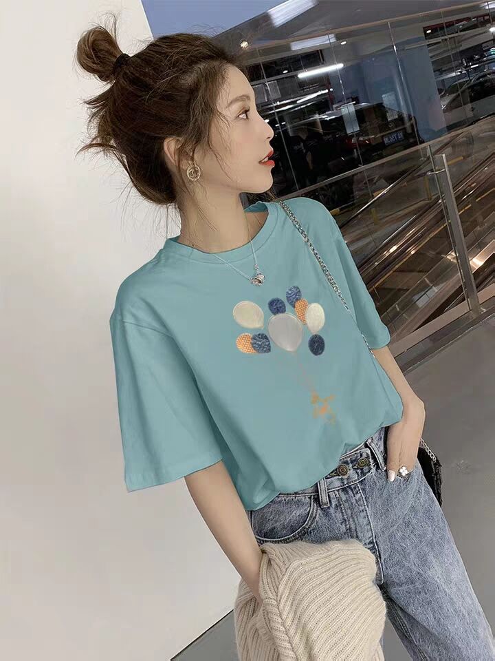 Pure Cotton White T-Shirt Women Short-Sleeved Loose Korean Embroidered Western Style Half-Sleeved T-Shirt - Muhaab