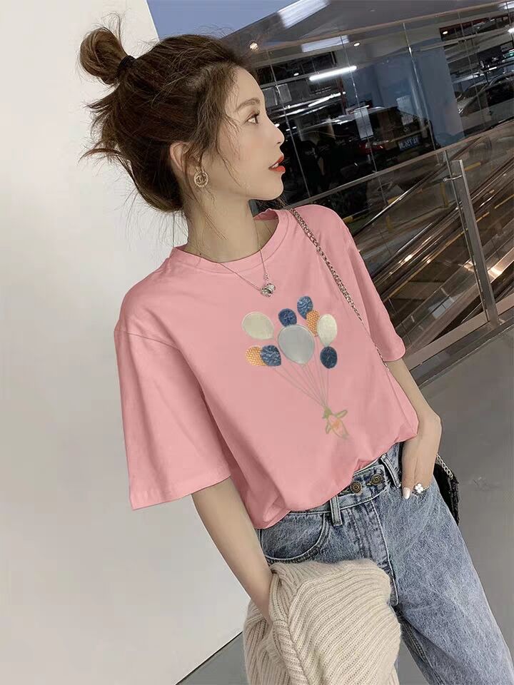 Pure Cotton White T-Shirt Women Short-Sleeved Loose Korean Embroidered Western Style Half-Sleeved T-Shirt - Muhaab