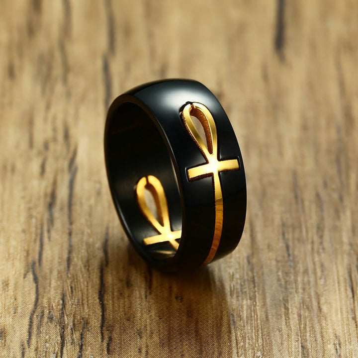 Separable Ankh Egyptian Cross Ring Men Personalized Black Gold Stainless Steel Key of Life Wedding Male Anel Jewelry - Muhaab