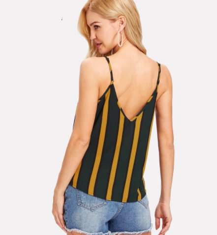 SHEIN Double V Neck Striped Cami Top Spaghetti Strap Casual Women Sexy Striped Top 2021 Summer Multicolor Backless Camisole Tops - Muhaab