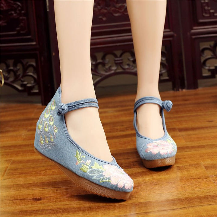 Shoes Women Lace Up Embroidered Shoes With High Slope Style Dancing Shoes Single Cloth Shoes - Muhaab