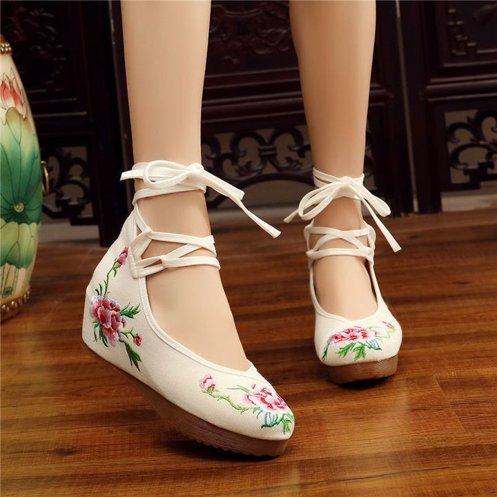 Shoes Women Lace Up Embroidered Shoes With High Slope Style Dancing Shoes Single Cloth Shoes - Muhaab