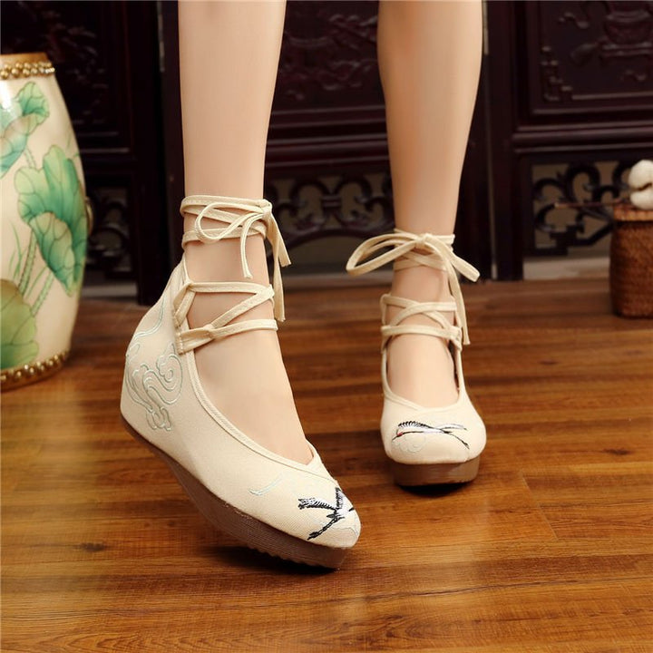 Shoes Women Lace Up Embroidered Shoes With High Slope Style Dancing Shoes Single Cloth Shoes - Muhaab