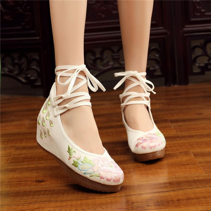 Shoes Women Lace Up Embroidered Shoes With High Slope Style Dancing Shoes Single Cloth Shoes - Muhaab