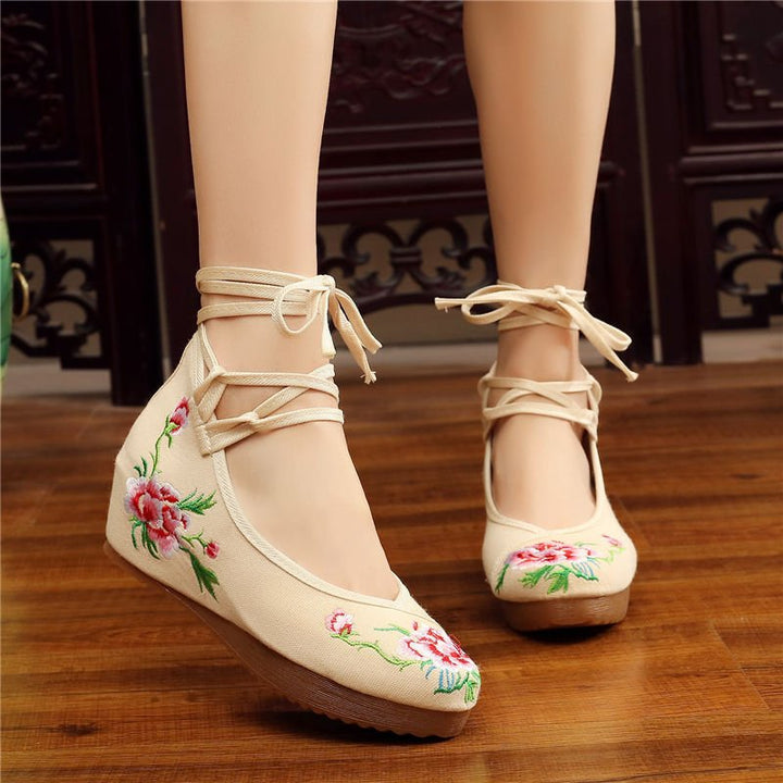 Shoes Women Lace Up Embroidered Shoes With High Slope Style Dancing Shoes Single Cloth Shoes - Muhaab