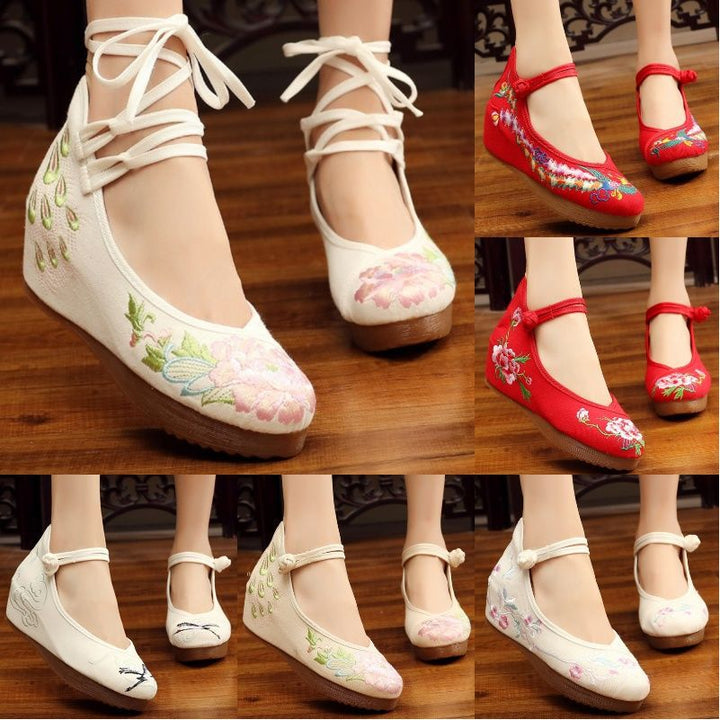 Shoes Women Lace Up Embroidered Shoes With High Slope Style Dancing Shoes Single Cloth Shoes - Muhaab