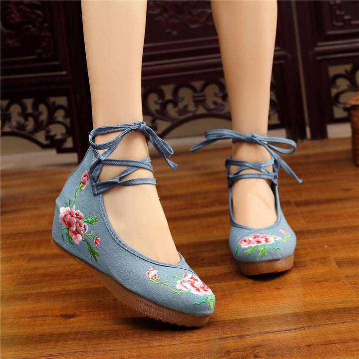 Shoes Women Lace Up Embroidered Shoes With High Slope Style Dancing Shoes Single Cloth Shoes - Muhaab