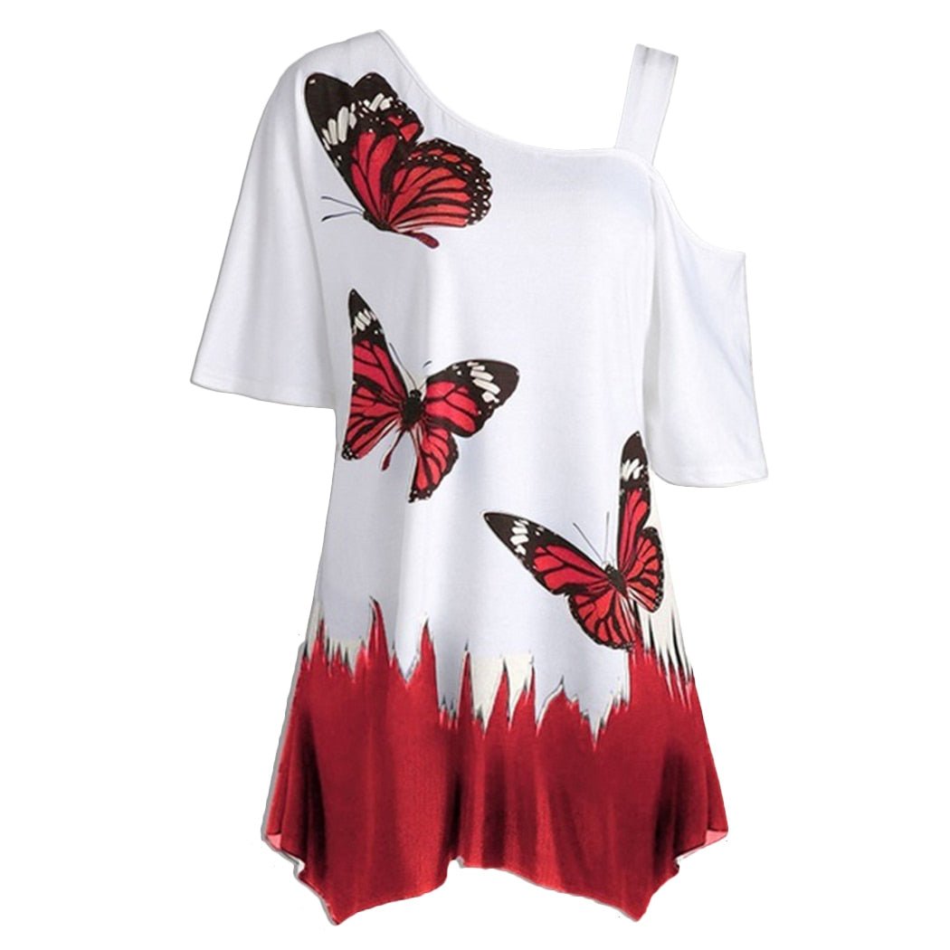 Short Sleeve 2021 Women Tops One Shoulder Summer Fashion Butterfly Printed Blouse Plus Size Tunic Casual Shirts Loose Blusas - Muhaab