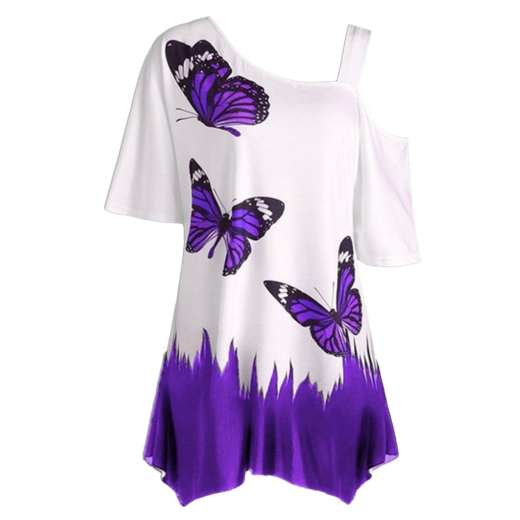 Short Sleeve 2021 Women Tops One Shoulder Summer Fashion Butterfly Printed Blouse Plus Size Tunic Casual Shirts Loose Blusas - Muhaab