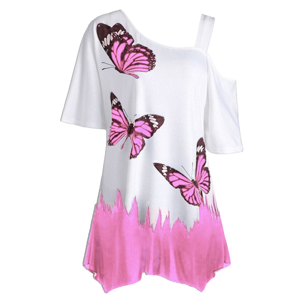 Short Sleeve 2021 Women Tops One Shoulder Summer Fashion Butterfly Printed Blouse Plus Size Tunic Casual Shirts Loose Blusas - Muhaab