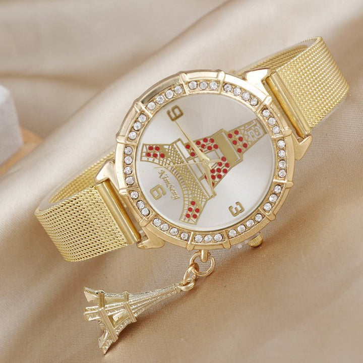 Simple Ladies Fashion Diamond-encrusted Steel Band Casual Gold Watch - Muhaab