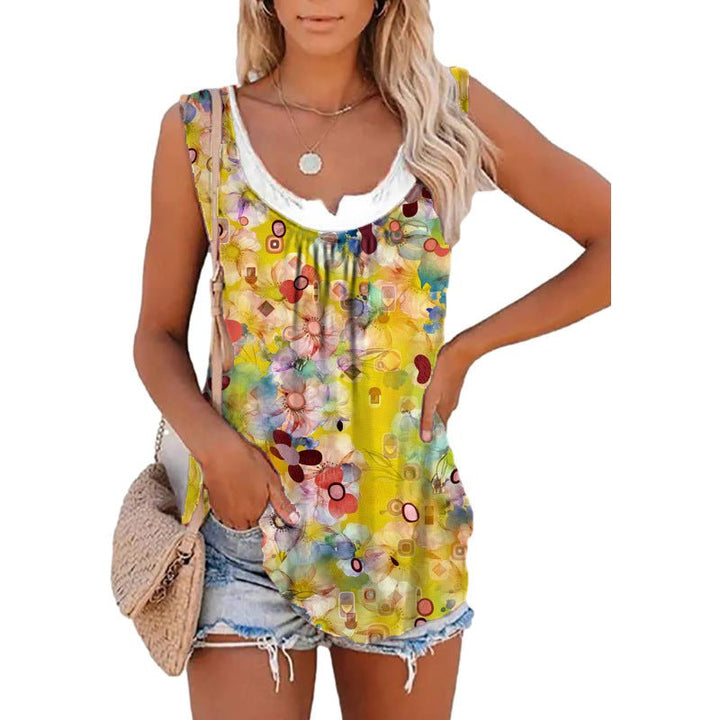 Spring And Summer Tops Printed Sleeveless Pleating Vest T-shirt For Women - Muhaab