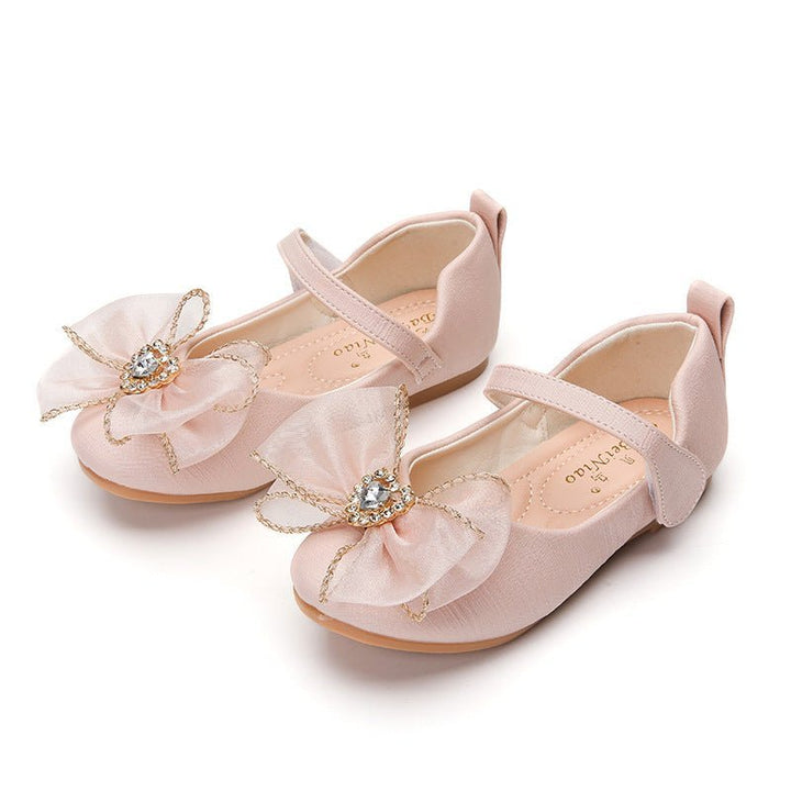 Spring New Girls' Single Shoes Cute Bow Rhinestone Soft Sole Flat Shoes - Muhaab