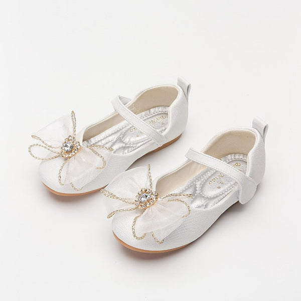 Spring New Girls' Single Shoes Cute Bow Rhinestone Soft Sole Flat Shoes - Muhaab